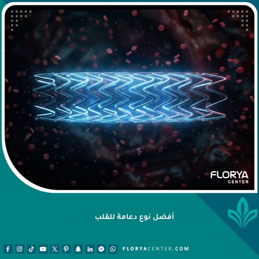 صورة سينمائية عالية الجودة توضح شكل أفضل نوع دعامة للقلب (الدعامة الدوائية) المتطورة.