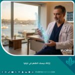 جراح أعصاب متخصص في عمليات إزالة ديسك الظهر في تركيا مع نموذج ثلاثي الأبعاد للعمود الفقري.