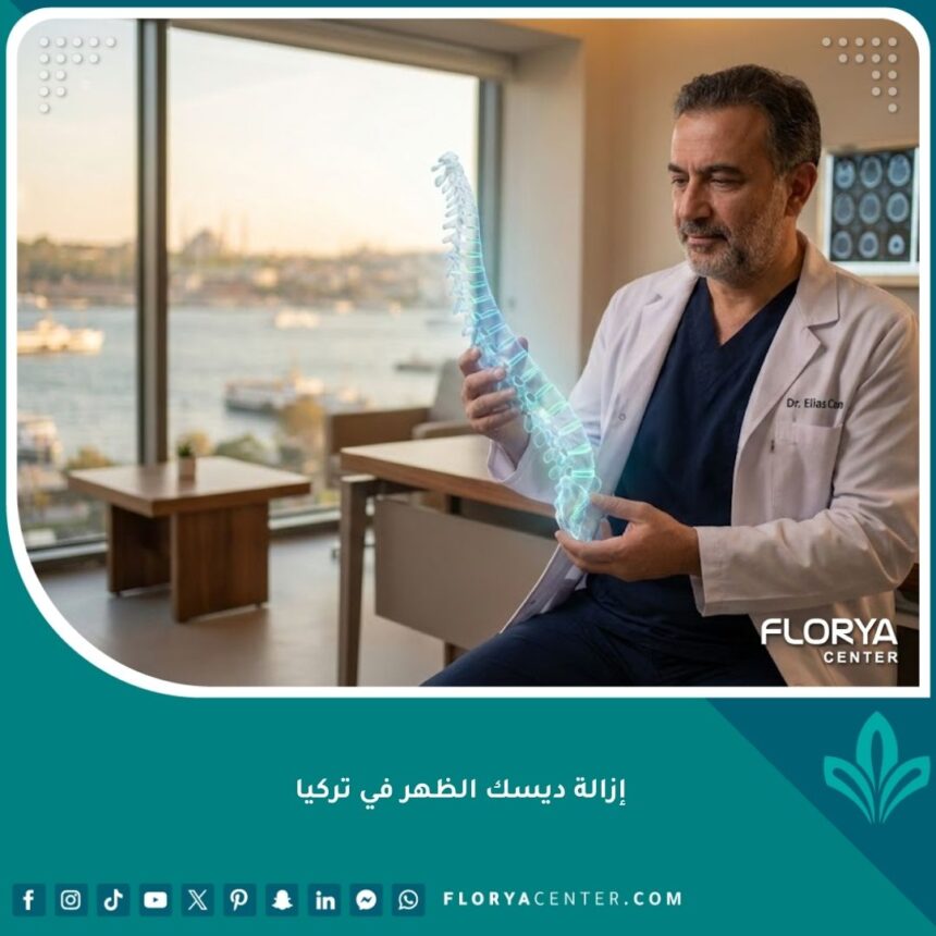 جراح أعصاب متخصص في عمليات إزالة ديسك الظهر في تركيا مع نموذج ثلاثي الأبعاد للعمود الفقري.