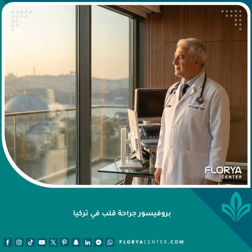 بروفيسور جراحة قلب متميز في مكتبه بتركيا مع إطلالة على مدينة إسطنبول خلفية تعكس الثقة والخبرة.