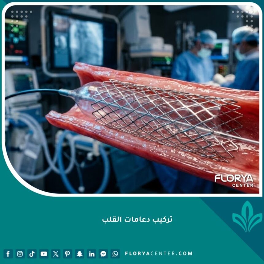 صورة احترافية لدعامة القلب داخل الشريان، عملية توسيع الشرايين التاجية بالدعامة.