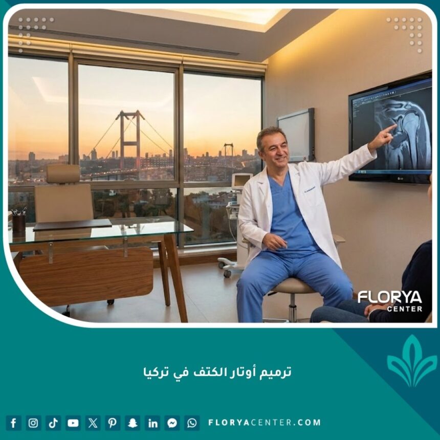 جراح عظام تركي متخصص يتشاور مع مريض حول عملية ترميم أوتار الكتف في عيادة حديثة مطلة على البوسفور في إسطنبول.