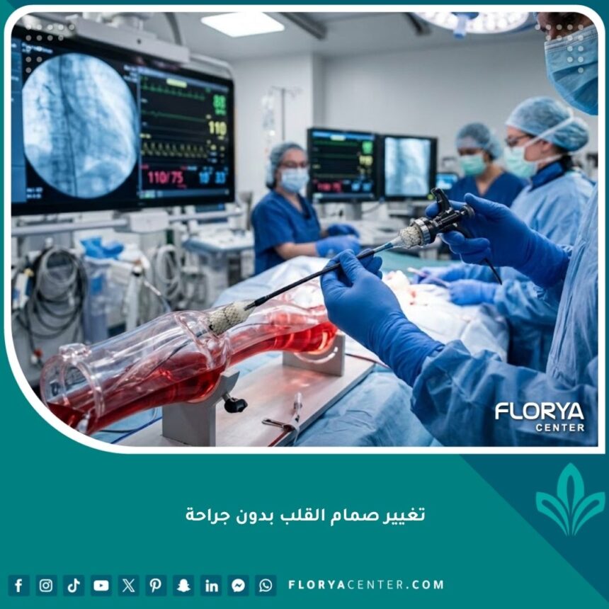 صورة سينمائية عالية الدقة تُظهر عملية تغيير صمام القلب بدون جراحة (TAVI)، يدي جراح قسطرة بارع تقود القسطرة عبر نموذج شرياني في غرفة عمليات متطورة.