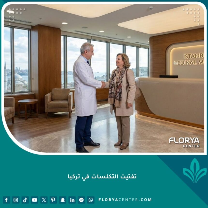 طبيب تركي متخصص في تفتيت التكلسات يرحب بمريض في مستشفى حديث بإسطنبول، تركيا، مع إطلالة على المدينة.