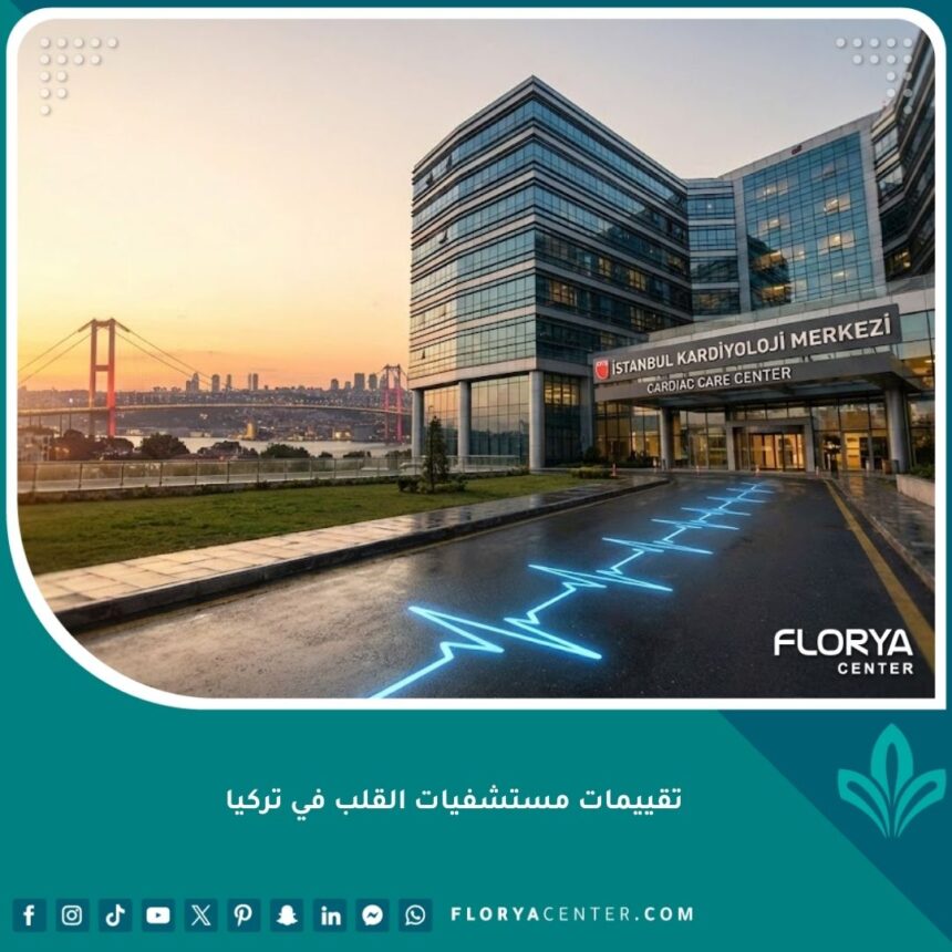 واجهة مستشفى قلب متطور في إسطنبول عند الغروب، يظهر الجسر في الخلفية. صورة تعبر عن السياحة العلاجية المتقدمة في تركيا.