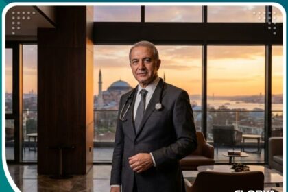 جراح أوعية دموية متخصص يقف في عيادة فاخرة بإسطنبول مع إطلالة على مضيق البوسفور، يمثل السياحة العلاجية في تركيا.