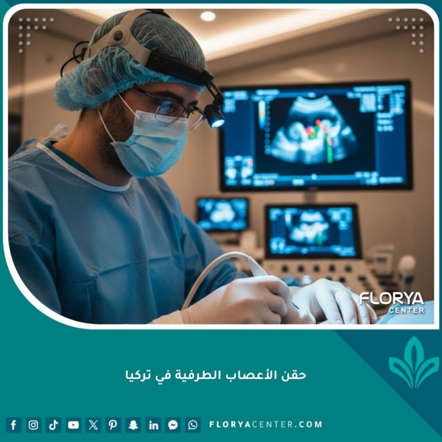 طبيب متخصص يقوم بإجراء حقن الأعصاب الطرفية تحت توجيه الموجات فوق الصوتية في عيادة حديثة في تركيا لعلاج الألم المزمن.