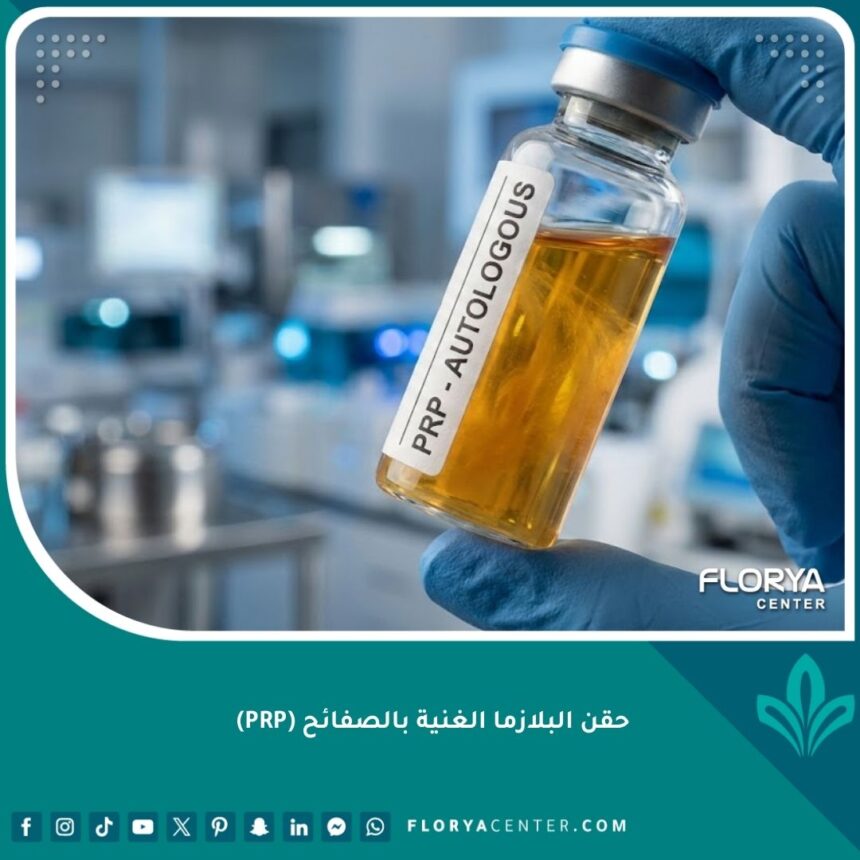 حقن البلازما الغنية بالصفائح الدموية في وعاء زجاجي طبي مع خلفية عيادة معقمة.