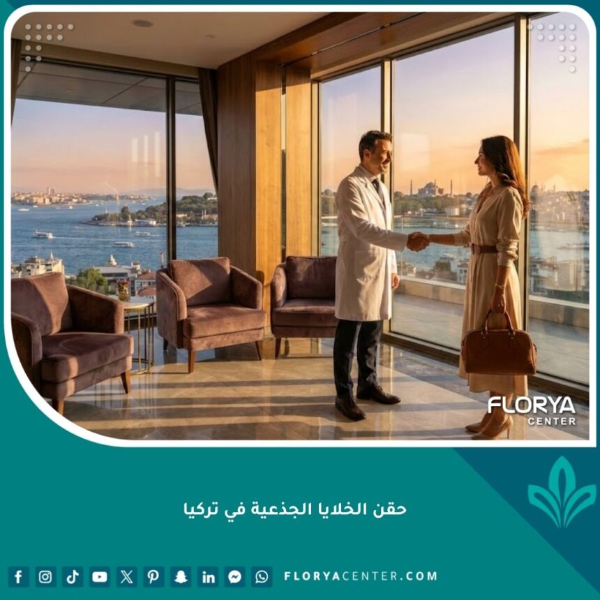 صورة رئيسية تُظهر طبيباً متخصصاً ومريضاً في عيادة فاخرة في إسطنبول، مع إطلالة على البوسفور، تمثل السياحة العلاجية وحقن الخلايا الجذعية في تركيا.