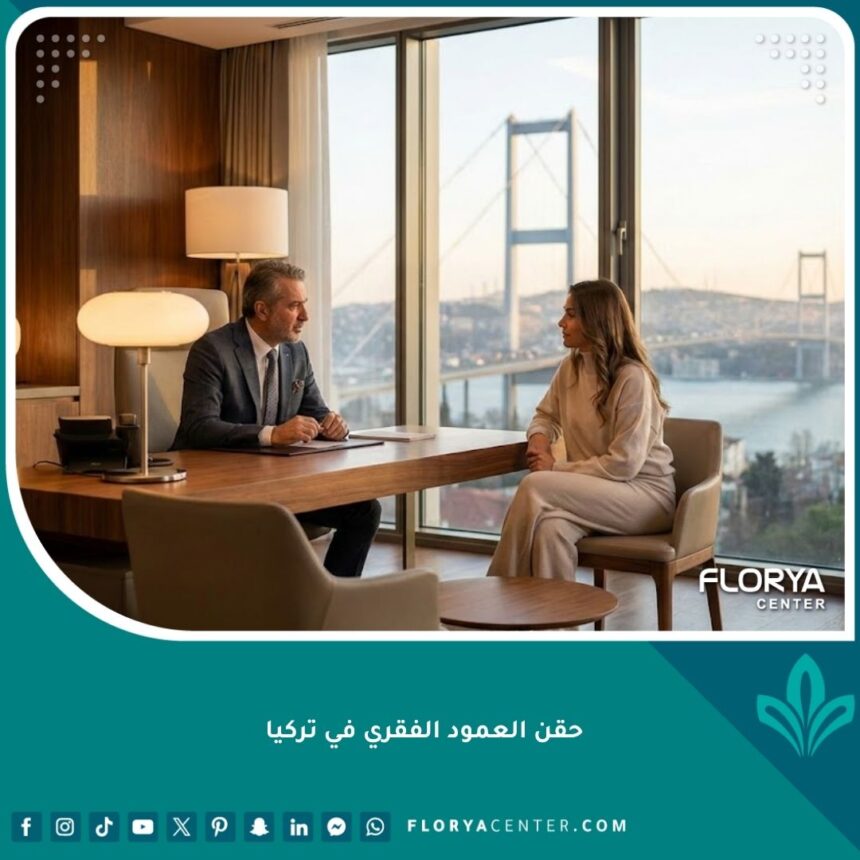 طبيب متخصص يشرح إجراء حقن العمود الفقري لمريض في عيادة فاخرة وحديثة في إسطنبول، تركيا.