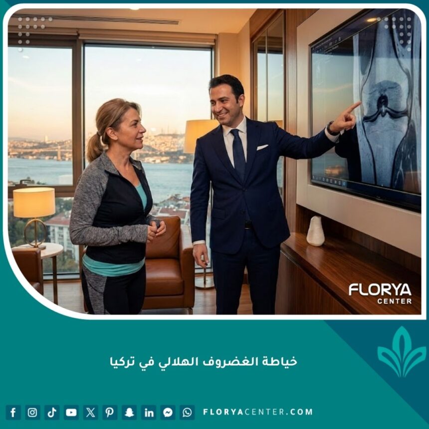 جراح عظام متخصص يناقش خياطة الغضروف الهلالي مع مريض في عيادة فاخرة بإسطنبول، تركيا، مع إطلالة على البوسفور.