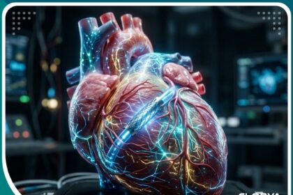 صورة سينمائية توضح تقنية دعامة القلب الذكية المزودة بمستشعرات رقمية لمراقبة تدفق الدم.
