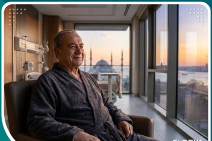 صورة واقعية لرجل مسن ينظر بأمل من نافذة مستشفى فاخر في إسطنبول بعد عملية زراعة جهاز تنظيم ضربات القلب، مع إطلالة على مضيق البوسفور والمسجد الأزرق.