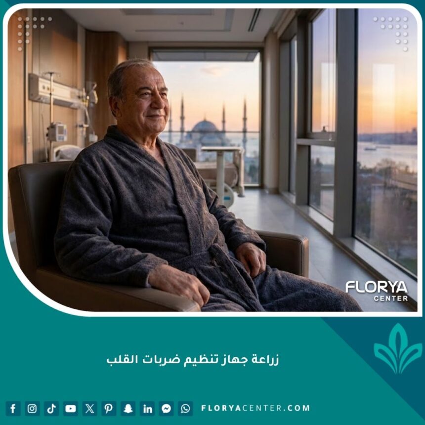 صورة واقعية لرجل مسن ينظر بأمل من نافذة مستشفى فاخر في إسطنبول بعد عملية زراعة جهاز تنظيم ضربات القلب، مع إطلالة على مضيق البوسفور والمسجد الأزرق.