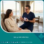 واجهة مقال زراعة عظام الفك في تركيا تظهر طبيب يشرح الإجراء لمريض في عيادة فاخرة.