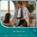 طبيب عظام متخصص يشرح إجراء سحب ماء الركبة لمريضة في عيادة حديثة بإسطنبول، تركيا، مع إطلالة على البوسفور.