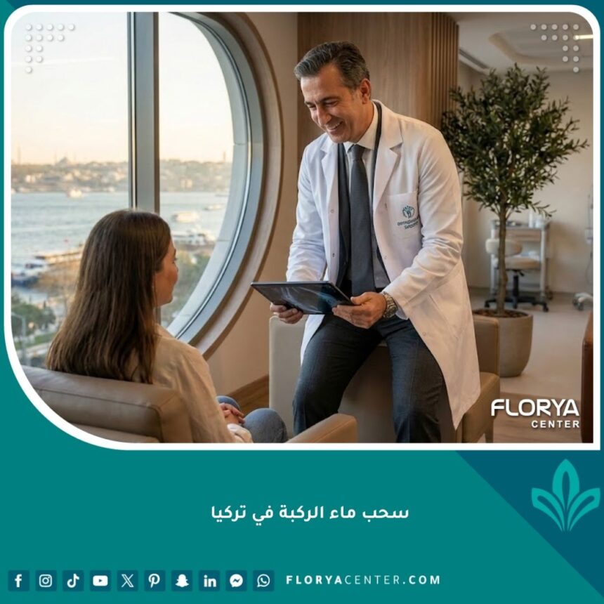 طبيب عظام متخصص يشرح إجراء سحب ماء الركبة لمريضة في عيادة حديثة بإسطنبول، تركيا، مع إطلالة على البوسفور.