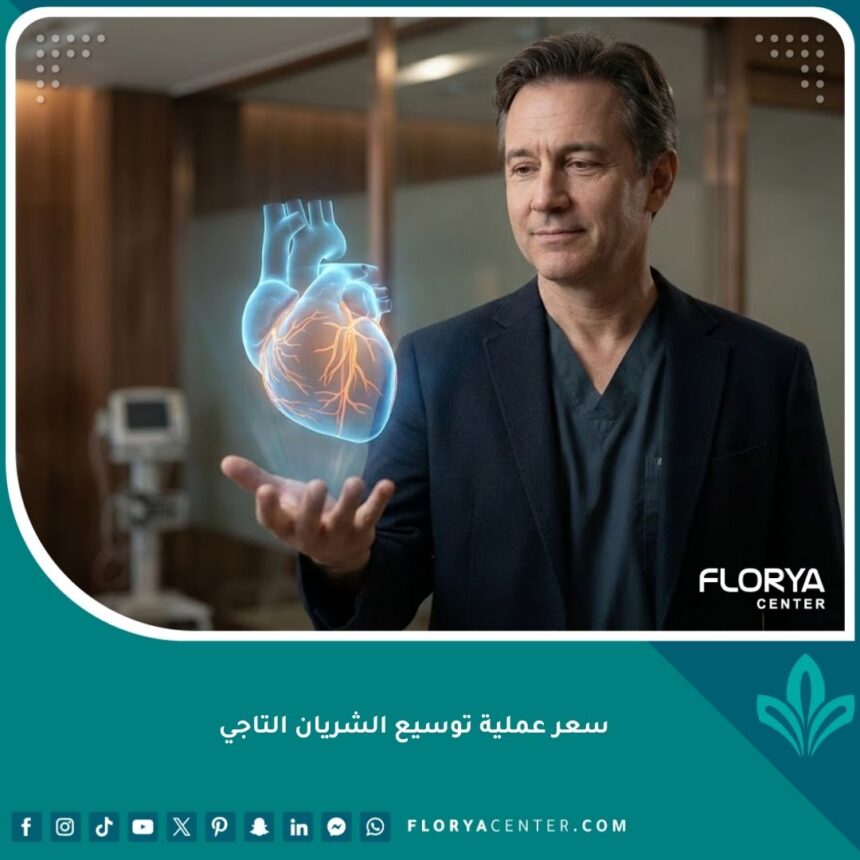 طبيب قلب يحمل مجسم هولوغرام للشرايين التاجية يوضح عملية التوسيع والدعامة.