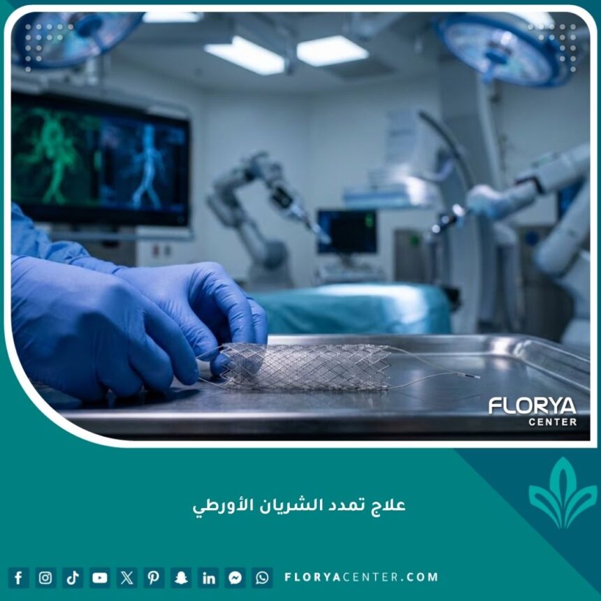 صورة عالية الدقة لجراح أوعية دموية يجهز دعامة متطورة لعلاج تمدد الشريان الأورطي داخل غرفة عمليات حديثة.