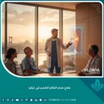 فريق طبي متخصص يناقش خطة علاج عدم التئام الكسر مع مريض في مستشفى حديث بإسطنبول، تركيا، مع إطلالة على البوسفور عند الغروب.