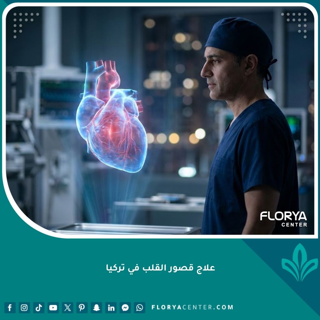 واجهة مقال عن علاج قصور القلب في تركيا تظهر جراح قلب مع مجسم هولوغرام متطور للقلب.