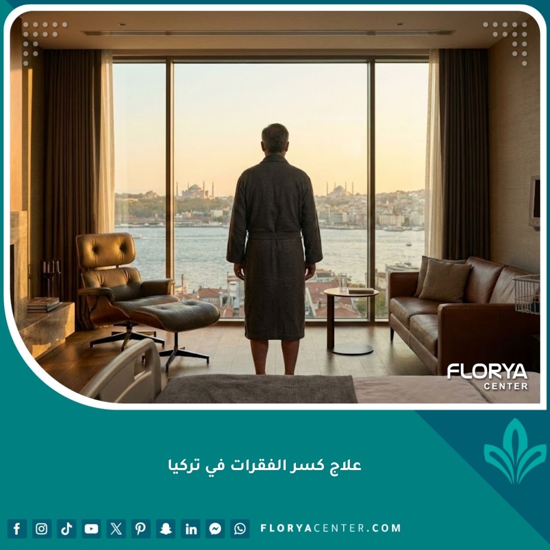 مريض يتعافى في مستشفى فاخر في إسطنبول يطل على البوسفور، رمزاً للسياحة العلاجية وعلاج كسر الفقرات في تركيا.