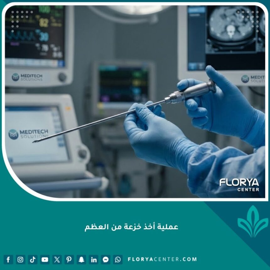 صورة مقربة تظهر دقة إجراء عملية أخذ خزعة من العظم في بيئة طبية معقمة وحديثة.