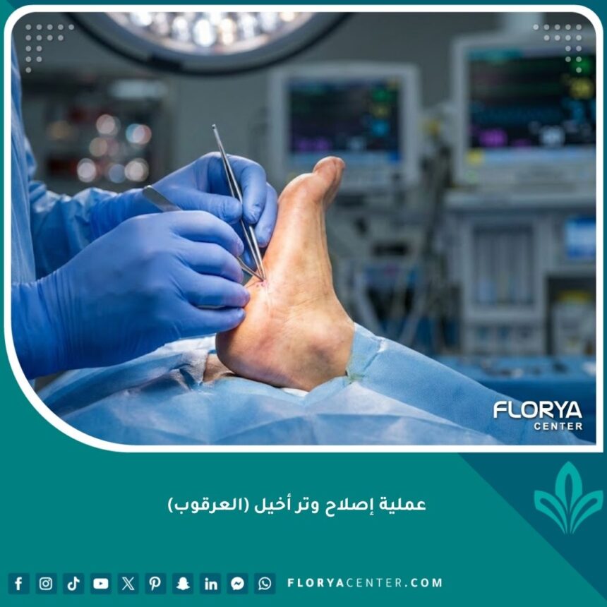 صورة سينمائية لعملية جراحية دقيقة لإصلاح وتر أخيل (العرقوب) تحت إشراف جراح متخصص.