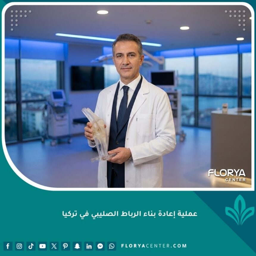 جراح عظام في تركيا يحمل نموذجاً للركبة يوضح عملية إعادة بناء الرباط الصليبي.
