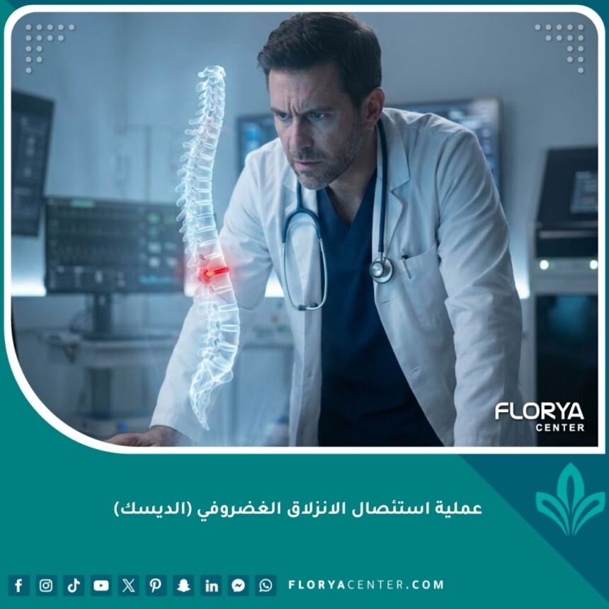 جراح أعصاب متخصص يفحص نموذجاً ثلاثي الأبعاد للعمود الفقري قبل عملية استئصال الديسك.