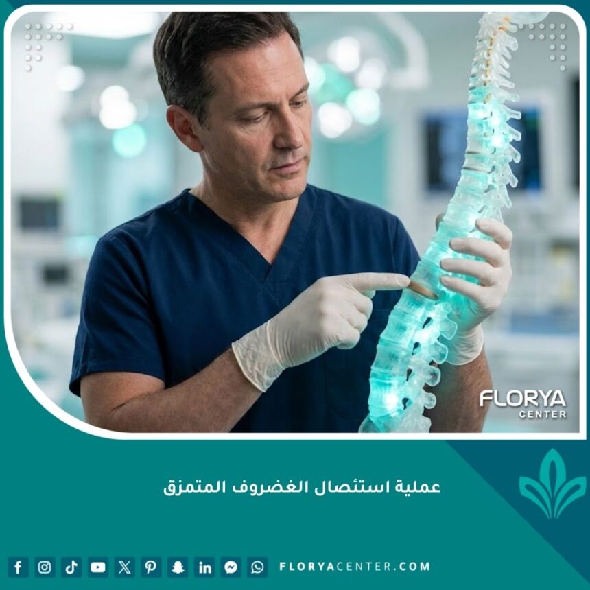 جراح أعصاب يشرح عملية استئصال الغضروف المتمزق باستخدام نموذج طبي للعمود الفقري.