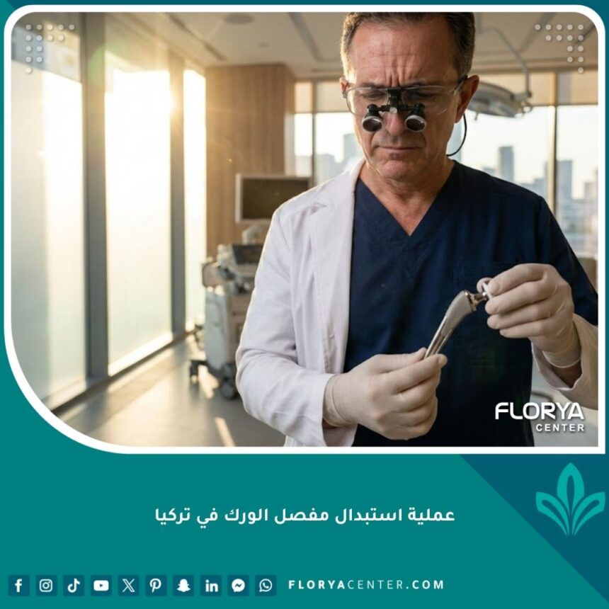جراح عظام محترف يمسك بمفصل ورك اصطناعي حديث في مركز طبي متطور في تركيا.