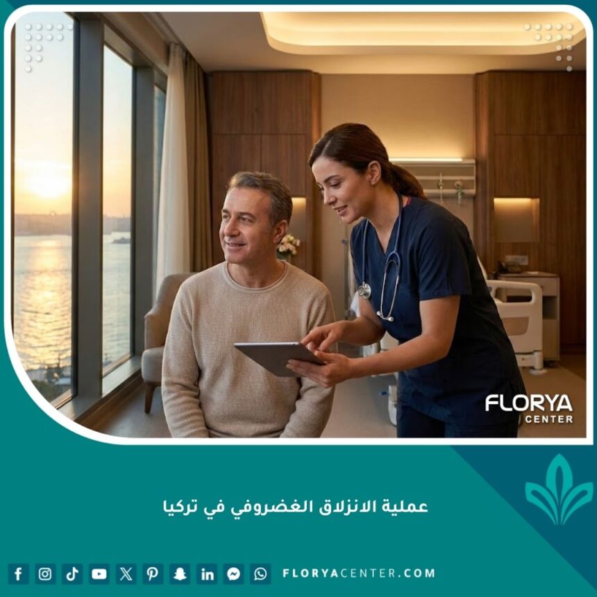 صورة رئيسية عالية الجودة تُظهر مريضاً يتعافى بعد عملية الانزلاق الغضروفي في مستشفى فاخر في إسطنبول، مع إطلالة على البوسفور عند الغروب. تعكس الصورة الأمل وجودة الرعاية الطبية في تركيا.