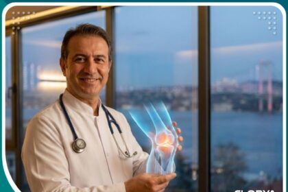 جراح عظام عالمي في تركيا يحمل نموذجاً رقمياً للركبة يوضح عملية الرباط الصليبي.