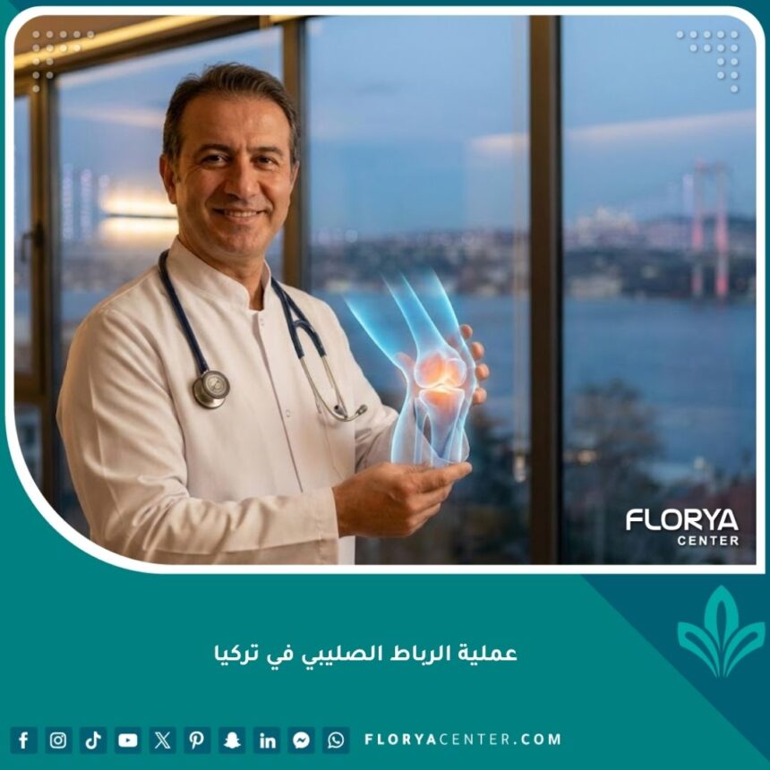 جراح عظام عالمي في تركيا يحمل نموذجاً رقمياً للركبة يوضح عملية الرباط الصليبي.