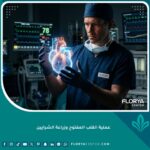 جراح قلب متخصص يحمل نموذجاً ثلاثي الأبعاد لعملية القلب المفتوح وزراعة الشرايين في مستشفى متطور.