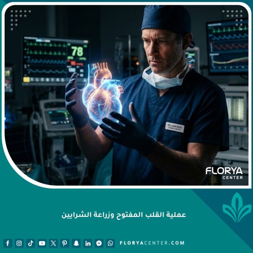 جراح قلب متخصص يحمل نموذجاً ثلاثي الأبعاد لعملية القلب المفتوح وزراعة الشرايين في مستشفى متطور.