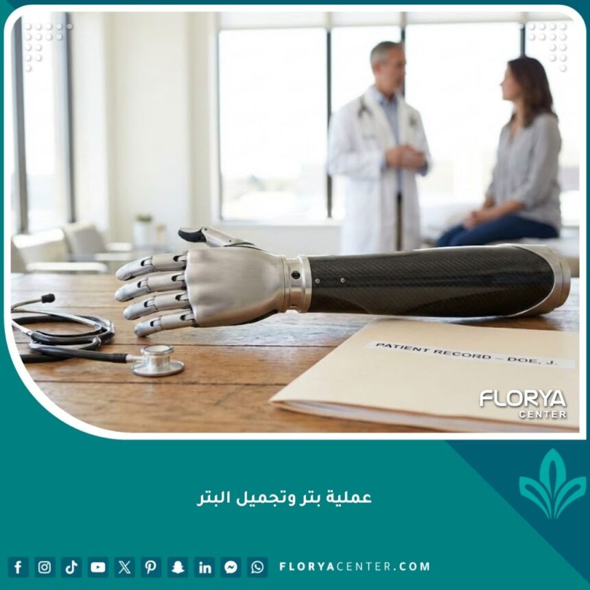 صورة واجهة تعبيرية عن عملية بتر وتجميل الأطراف تظهر طرفاً صناعياً حديثاً في عيادة طبية متطورة.