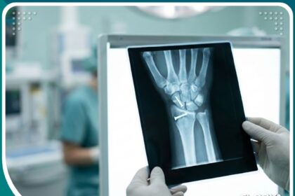 صورة احترافية توضح عملية تثبيت كسر العظم الزورقي بواسطة مسمار طبي دقيق تحت إشراف جراح عظام.