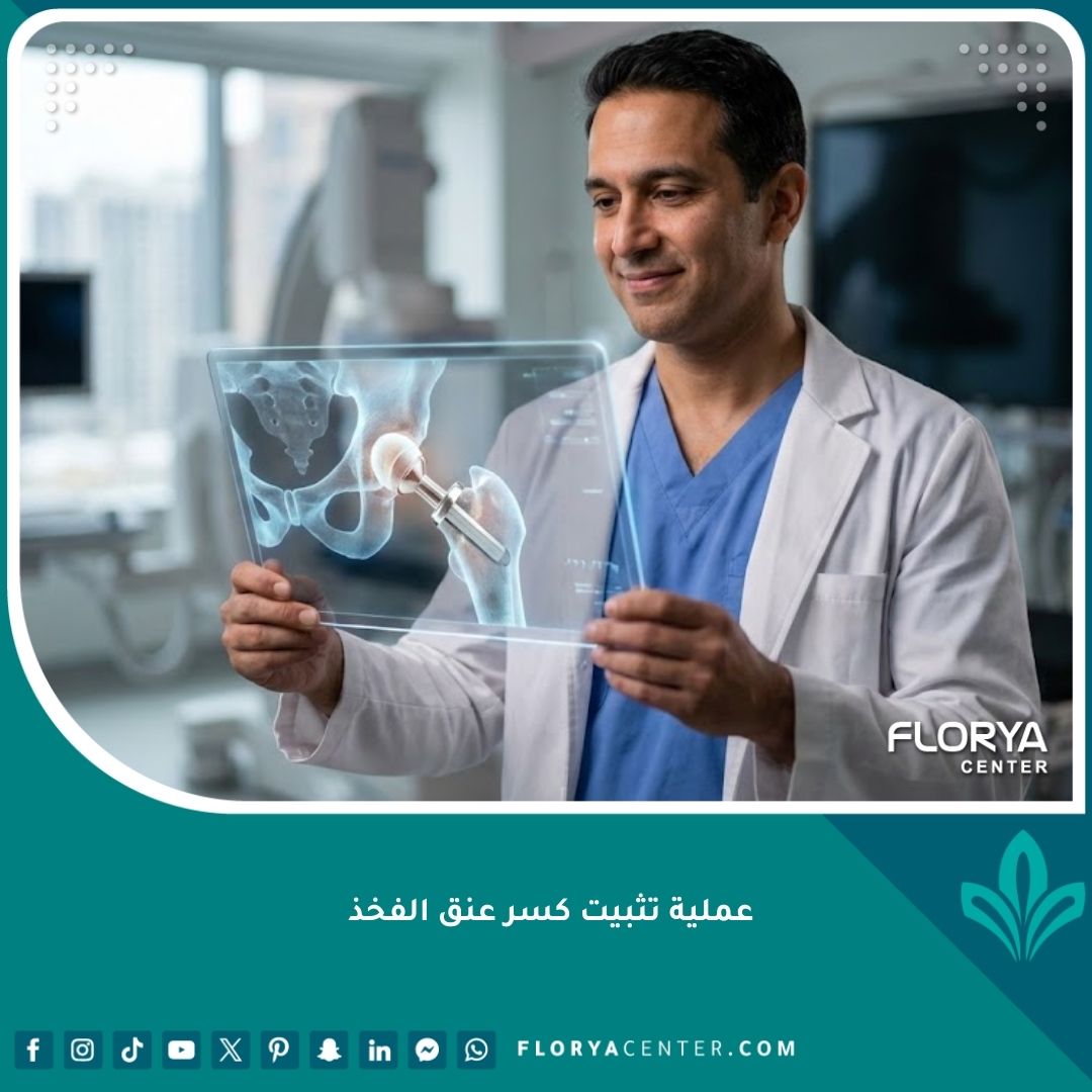 صورة احترافية توضح عملية تثبيت كسر عنق الفخذ باستخدام أحدث التقنيات الطبية الرقمية.