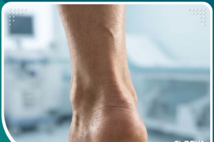 صورة احترافية توضح منطقة وتر أكيلس في الكاحل تمهيداً لعملية التطويل الجراحية.