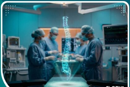 صورة مميزة لعملية تعديل اعوجاج العمود الفقري مع نموذج ثلاثي الأبعاد للعمود الفقري في غرفة عمليات حديثة.