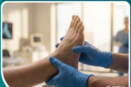 صورة احترافية لعملية فحص الكاحل قبل إجراء عملية تنظيف الغضروف في مركز طبي متطور.