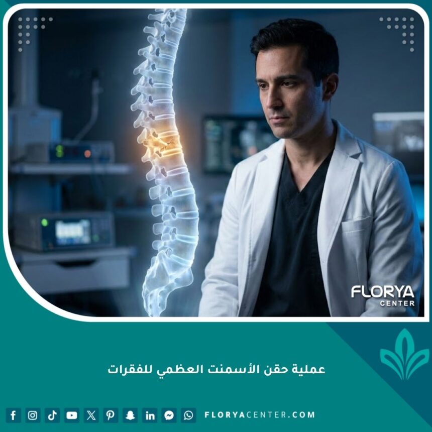 واجهة توضيحية لعملية حقن الأسمنت العظمي للفقرات تظهر جراح عمود فقري يفحص الأشعة بدقة.
