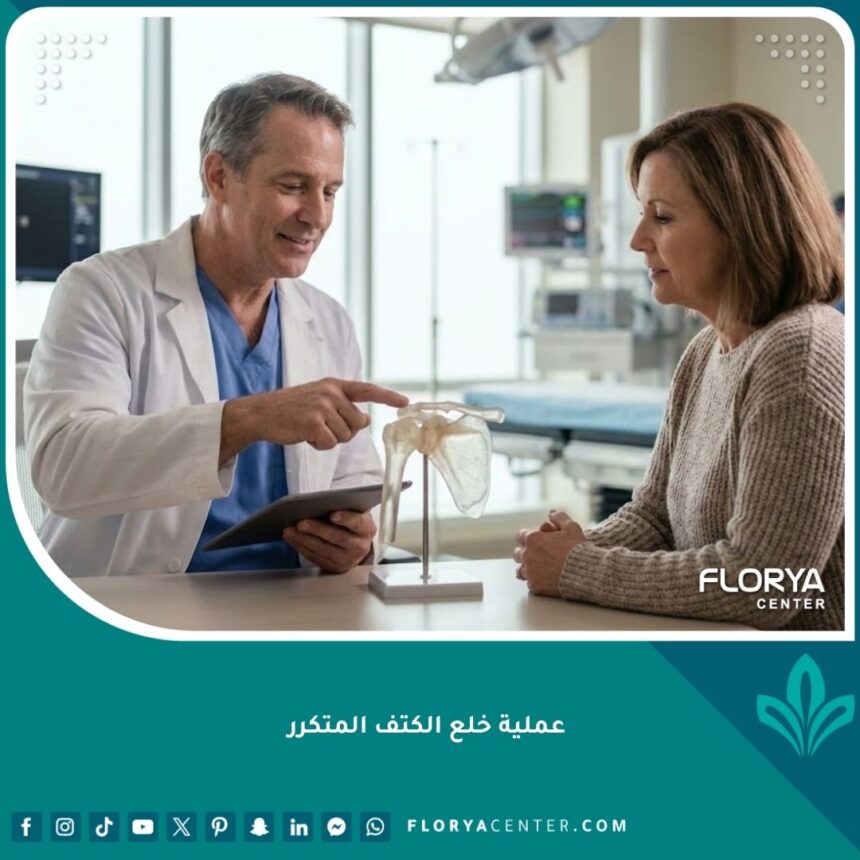 جراح عظام متخصص يشرح عملية خلع الكتف المتكرر للمريض باستخدام نموذج طبي ثلاثي الأبعاد.