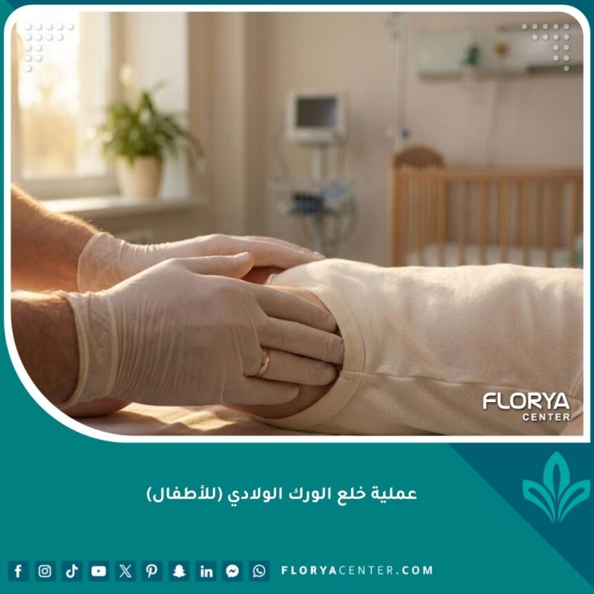 صورة احترافية لعملية فحص خلع الورك الولادي عند الأطفال بواسطة طبيب متخصص.
