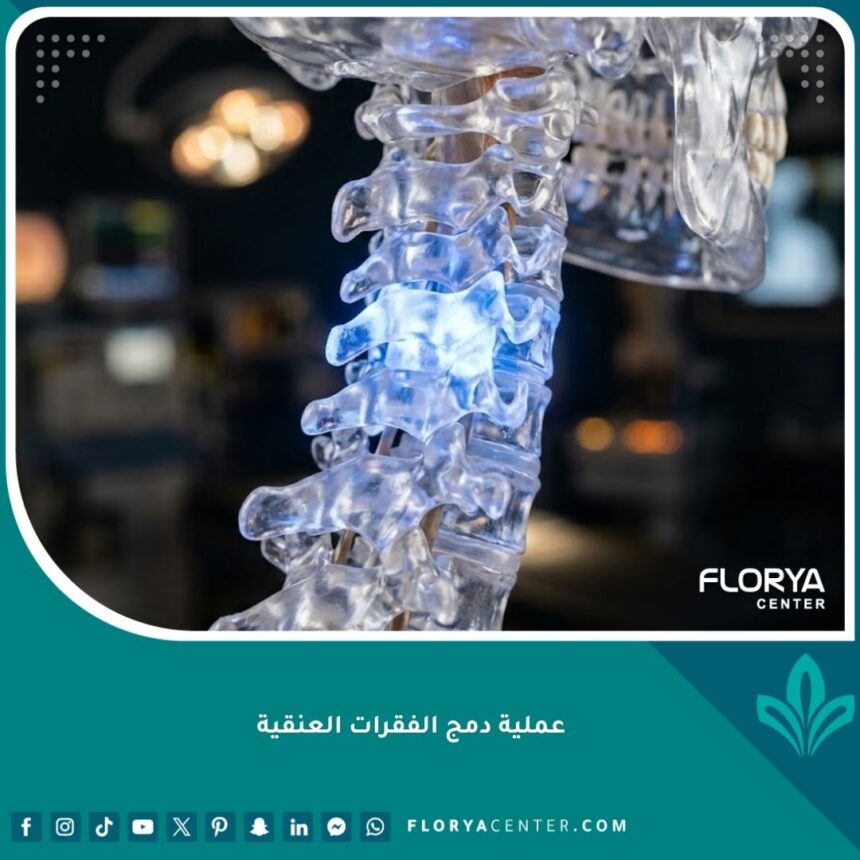 صورة احترافية لنموذج العمود الفقري توضح عملية دمج الفقرات العنقية بدقة عالية.