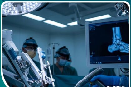 صورة احترافية لعملية دمج مفصل الكاحل باستخدام تقنيات الجراحة الحديثة.