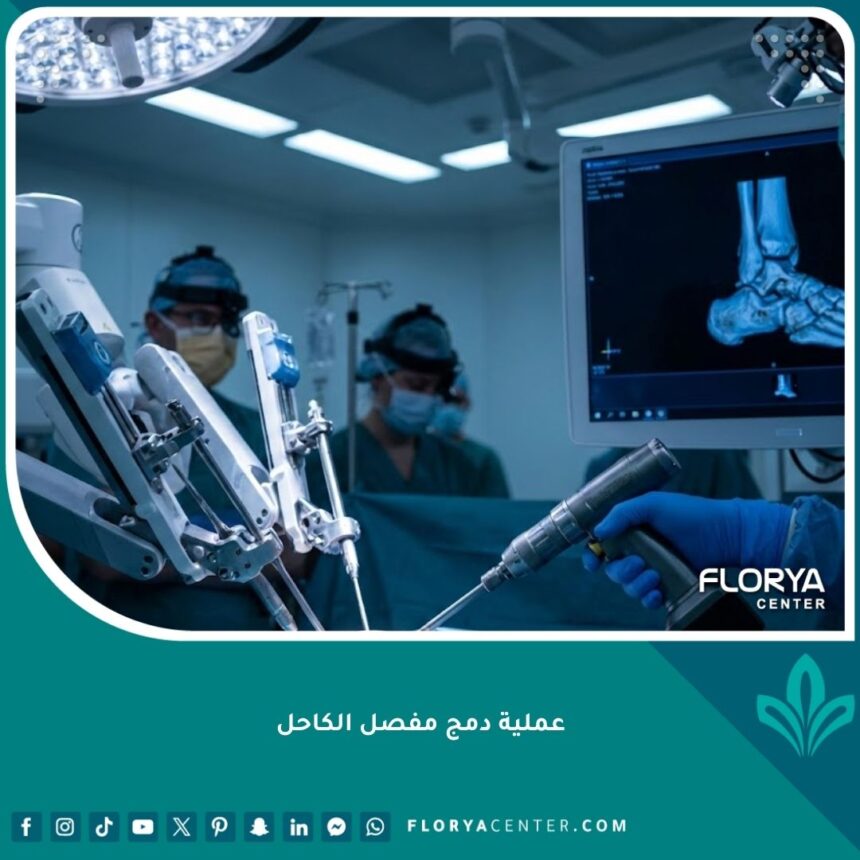 صورة احترافية لعملية دمج مفصل الكاحل باستخدام تقنيات الجراحة الحديثة.