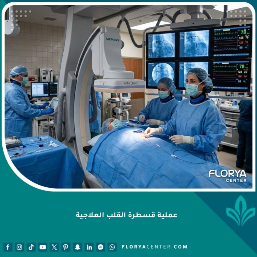 فريق طبي يجري عملية قسطرة القلب العلاجية (عملية القسطرة التداخلية) لمريض في غرفة عمليات متطورة.